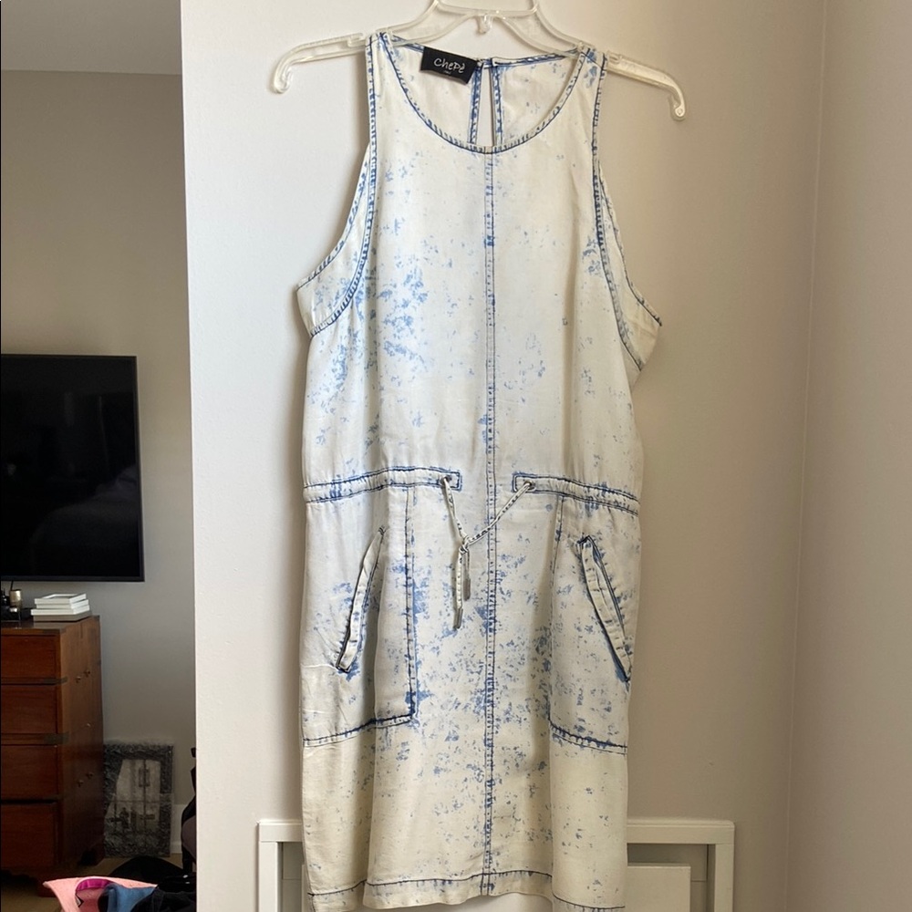 Chic Blue and White Dress with drawstring waist.